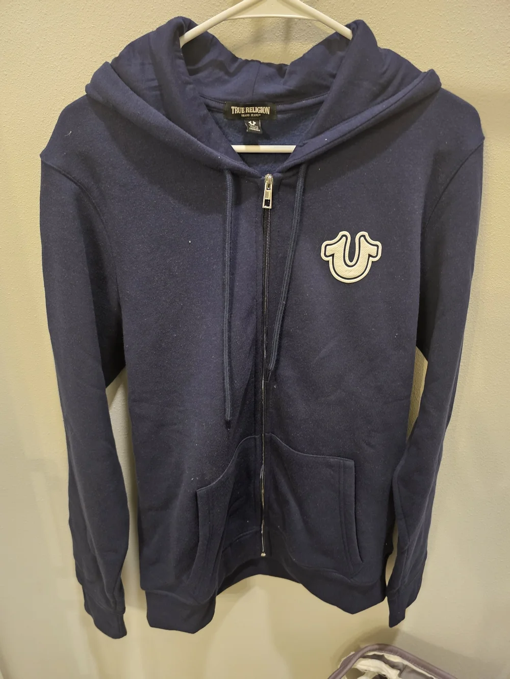 True Religion Navy Full-Zip Hoodie with Contrast Logo Patch